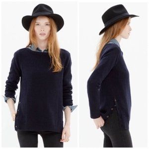 Madewell Pinewell Side Buttons 100% Merino Wool Pullover Sweater Navy